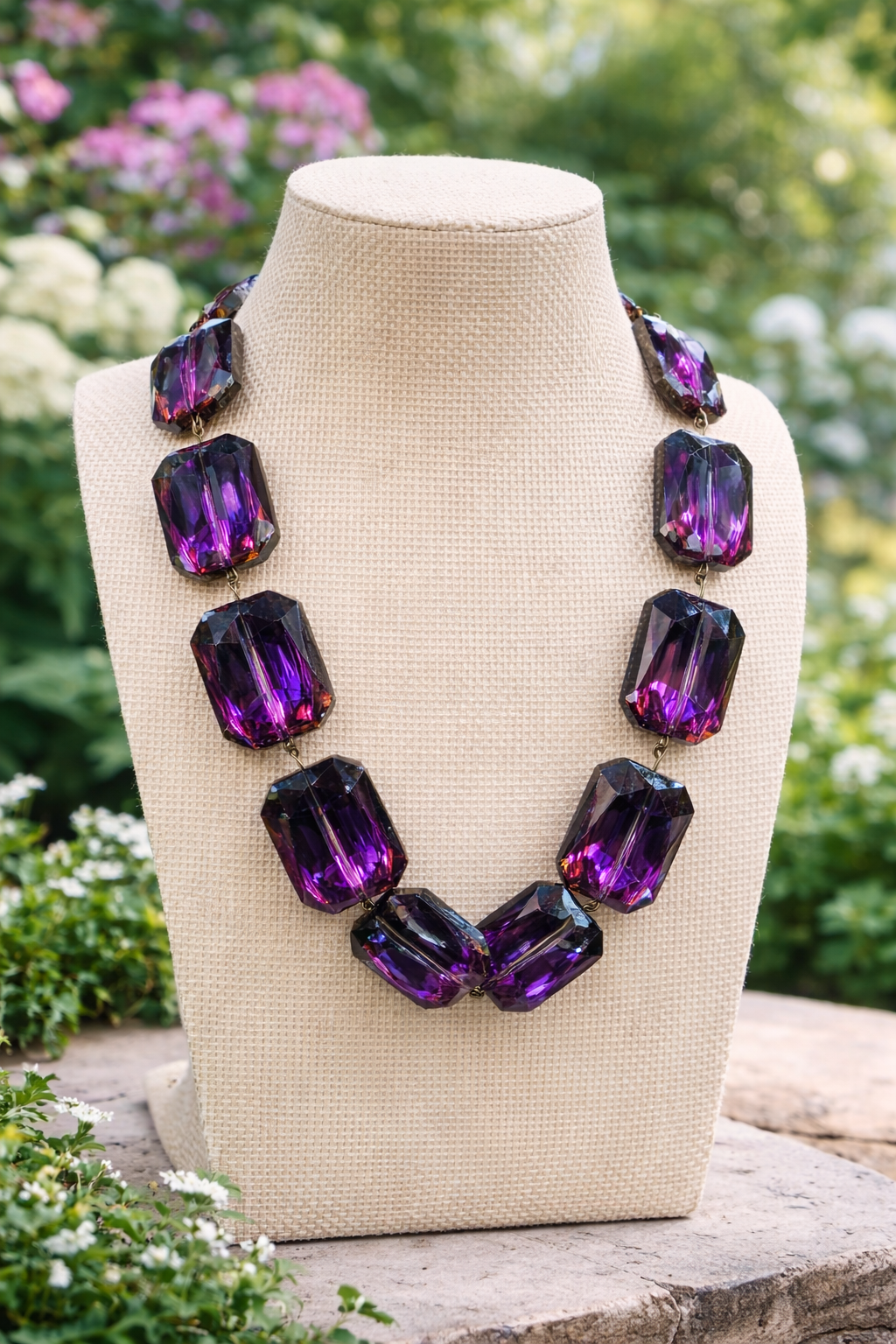 Purple crystal necklace on a mannequin bust with a garden background