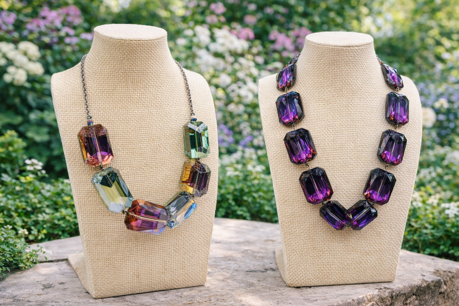 Two crystal necklaces on beige mannequin stands with a garden background