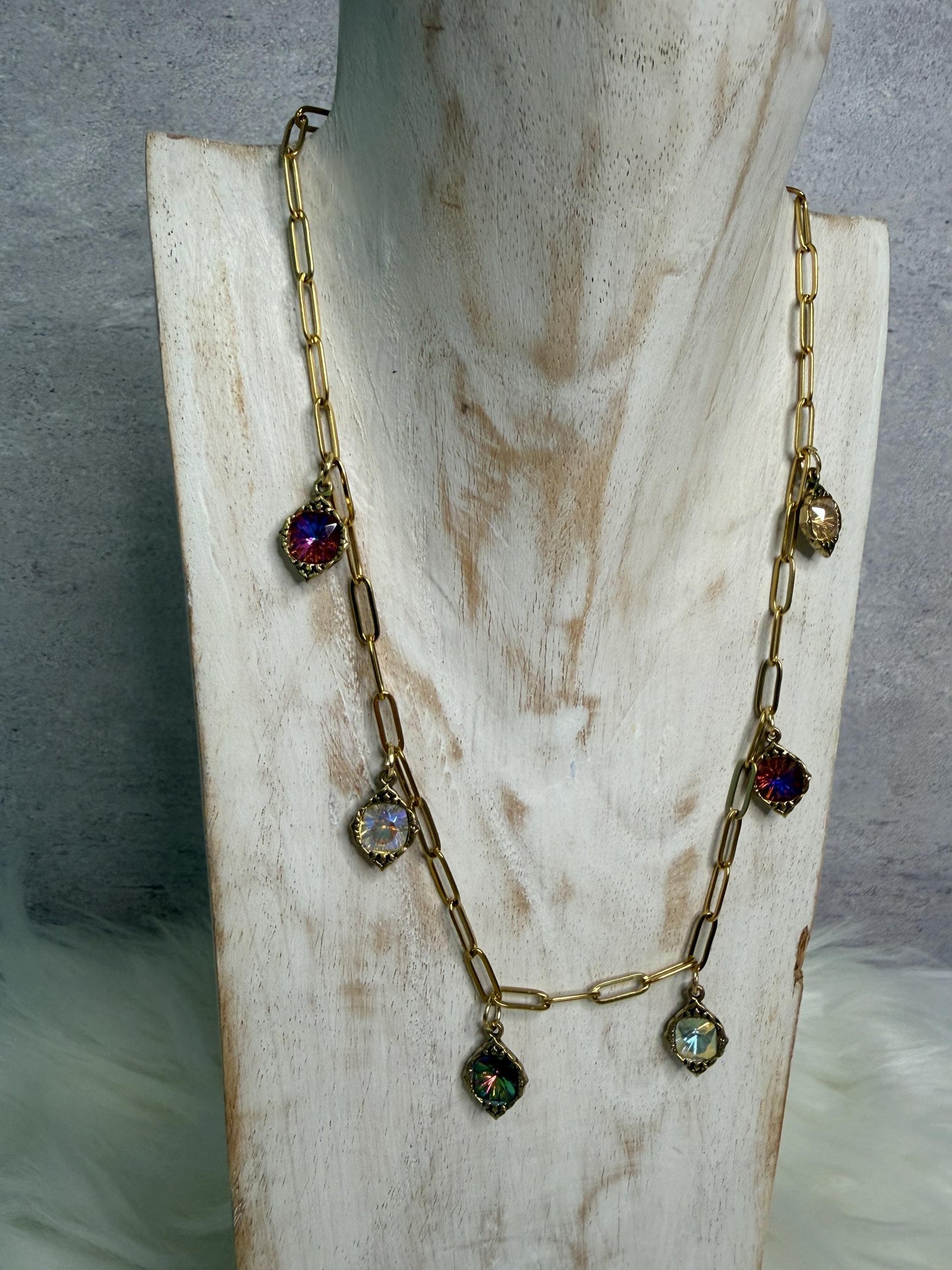 18" Gold Paperclip Chain Necklace | Iridescent Crystal Charm | Handmade Statement Necklace | Boutique Jewelry | Golden Reverie Necklace