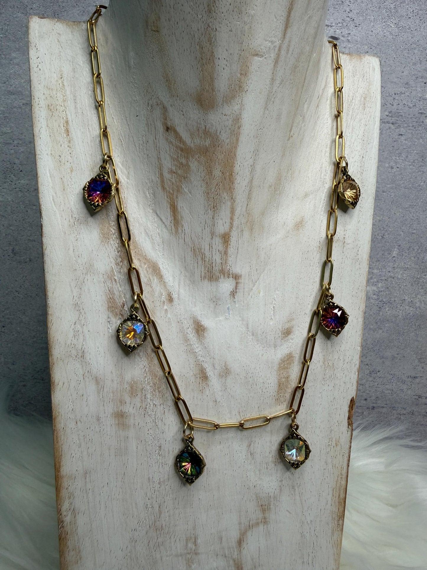 18" Gold Paperclip Chain Necklace | Iridescent Crystal Charm | Handmade Statement Necklace | Boutique Jewelry | Golden Reverie Necklace