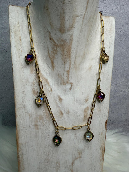 18" Gold Paperclip Chain Necklace | Iridescent Crystal Charm | Handmade Statement Necklace | Boutique Jewelry | Golden Reverie Necklace