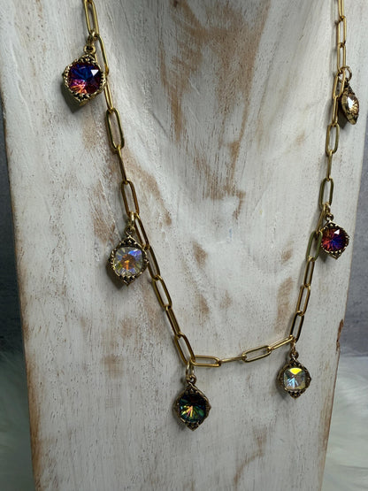 18" Gold Paperclip Chain Necklace | Iridescent Crystal Charm | Handmade Statement Necklace | Boutique Jewelry | Golden Reverie Necklace