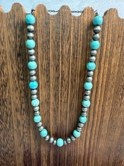 Genuine Natural Turquoise Necklace | Navajo Style Silver Beads | 18" Handmade Western Necklace | Southwestern Jewelry | Lonestar Necklace