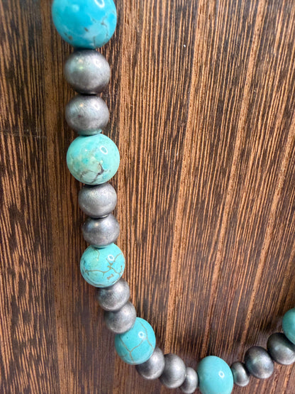 Genuine Natural Turquoise Necklace | Navajo Style Silver Beads | 18" Handmade Western Necklace | Southwestern Jewelry | Lonestar Necklace