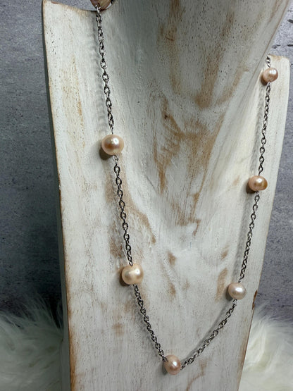 Natural Freshwater Pearl Necklace | Floating Pearl Chain Necklace | Handmade Minimalist Pearl Jewelry | Gift for Her | Sunday Best Necklace