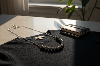 Necklace on a black sweater with a book and plant in the background